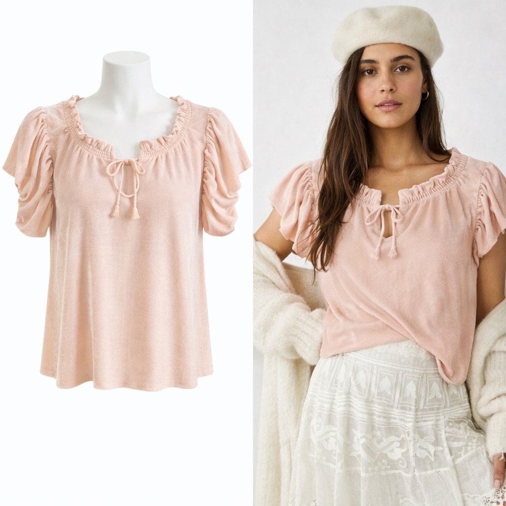 Free People | Terese Velvet Top | Blush Pink | Peasant Boho Blouse | Size M